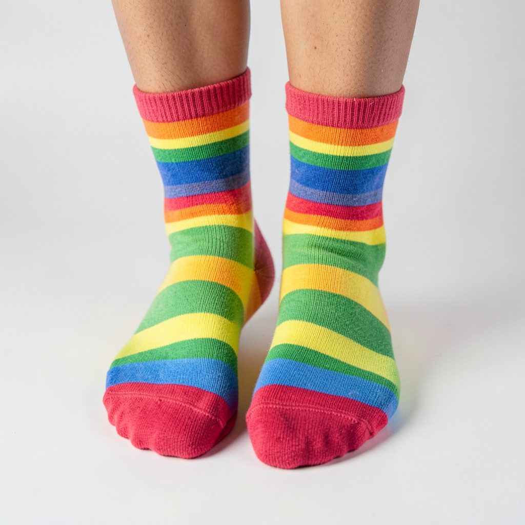 Rainbow socks with bold horizontal stripes in the full spectrum of colours, laid across a light wooden surface.