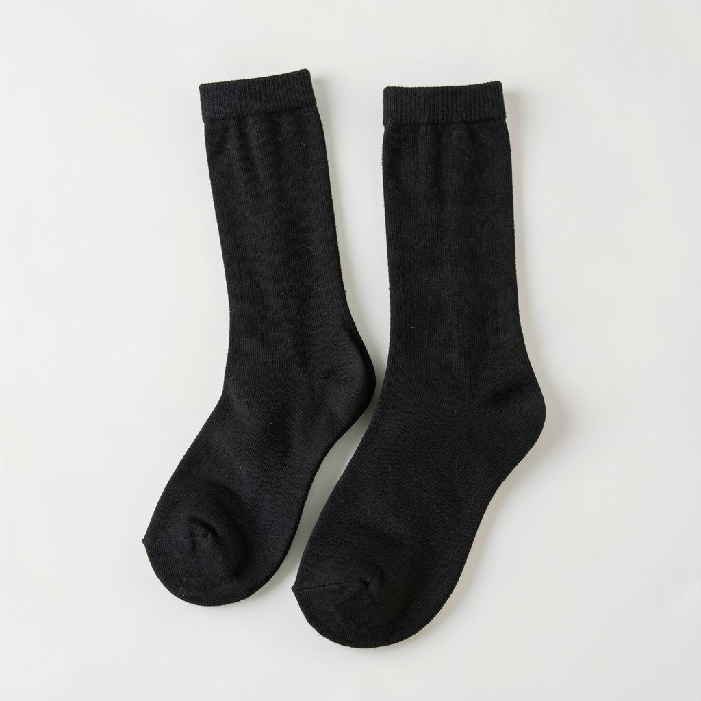 Close-up of a pair of folded black avocado print cotton socks on a light background