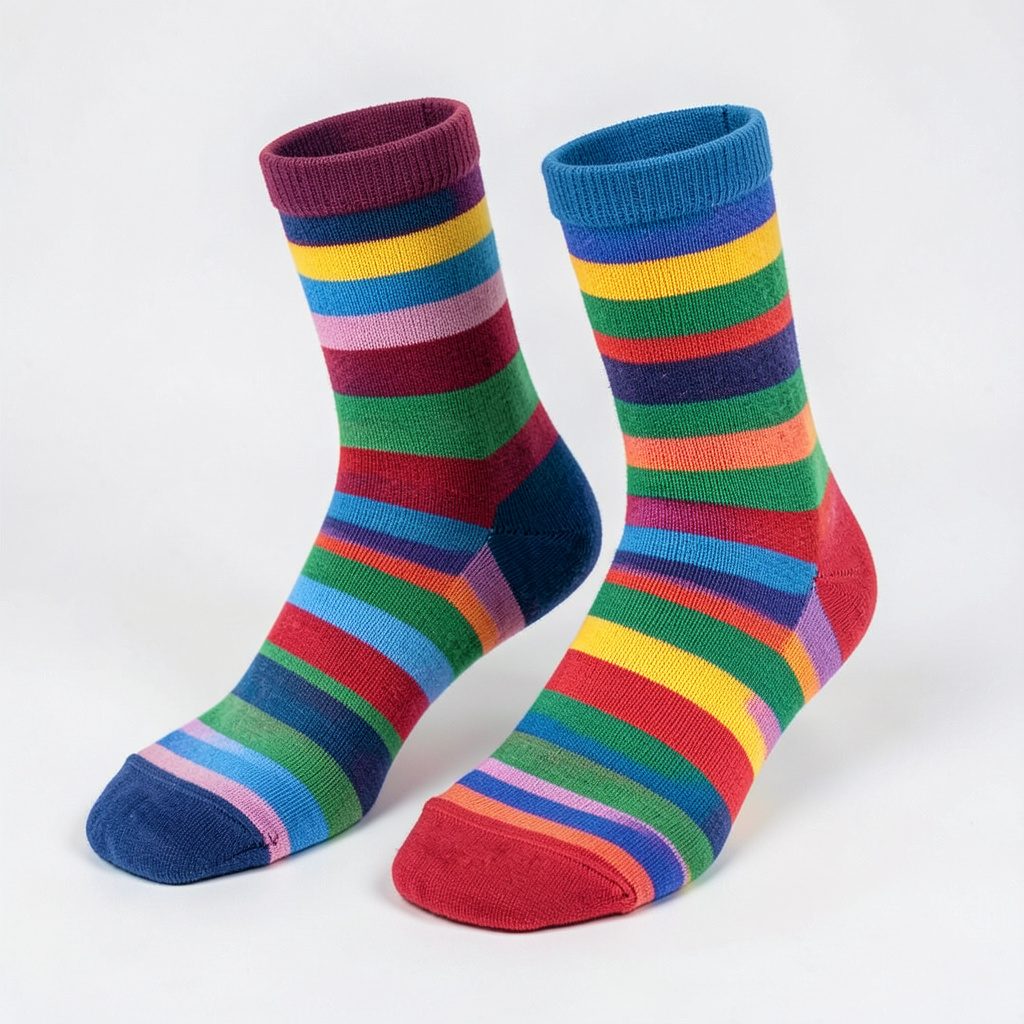 A close-up of colourful striped socks with vivid bands of coral, mint, and navy, worn with rolled-up jeans