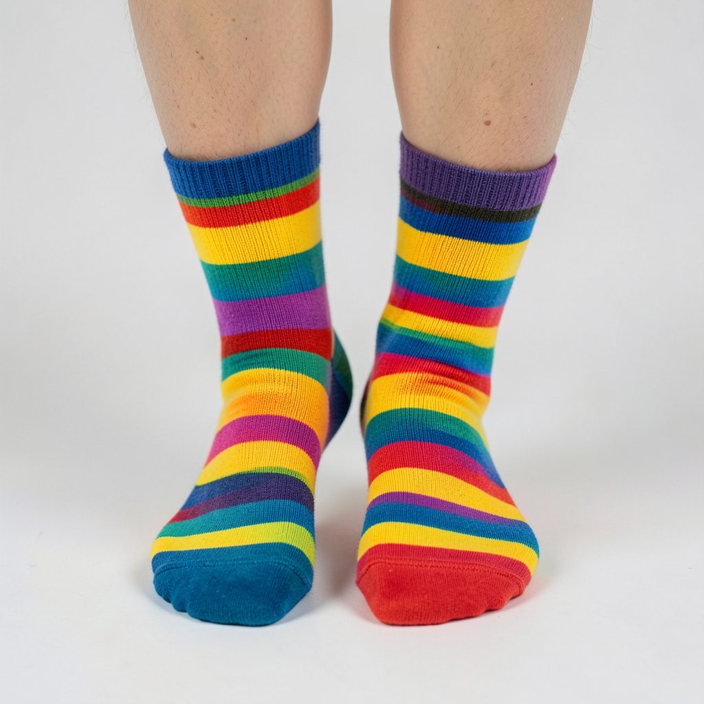 Brightly coloured striped socks in pink, blue, yellow, and green, folded neatly on a light surface