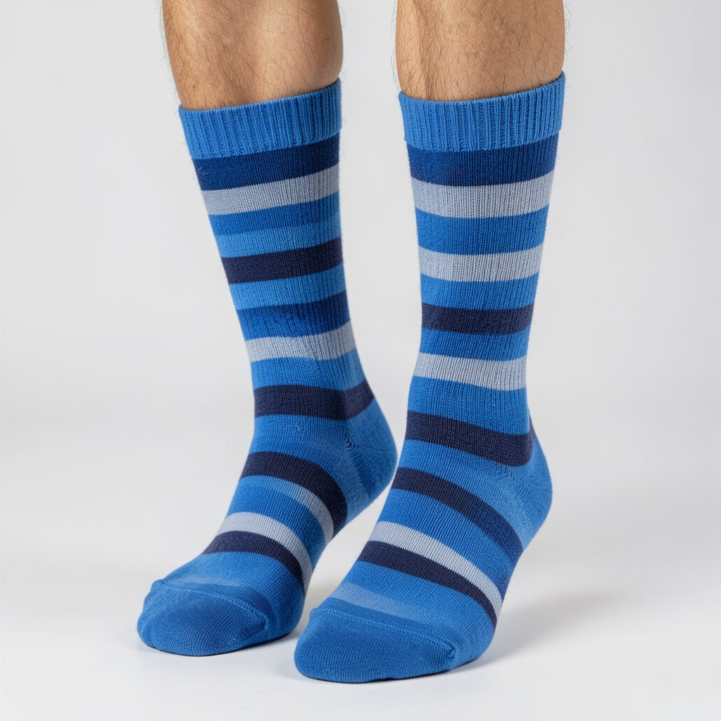 Close-up of a pair of folded blue striped cotton socks on a light background