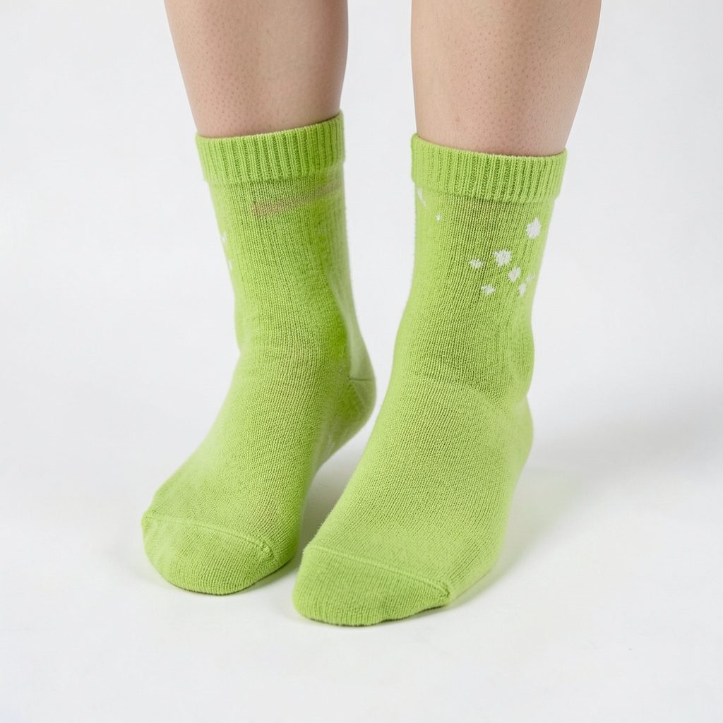 A single pair of folded avocado-print cotton socks resting on a light cream surface, with green and black tones