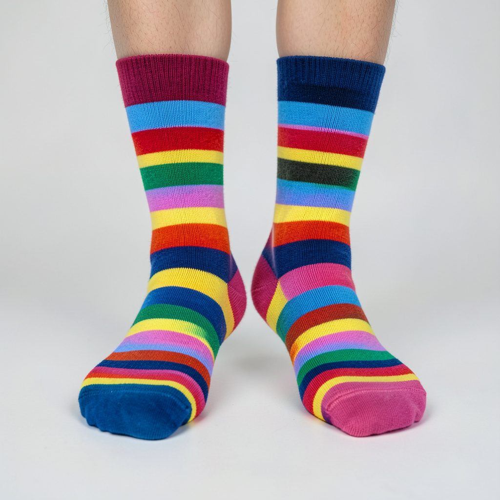 Several pairs of colourful striped cotton socks fanned out on a cream background, featuring green, coral and teal stripes