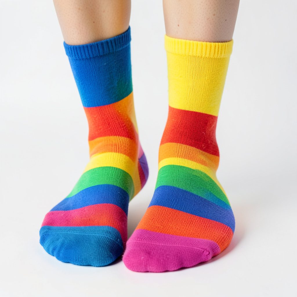 A playful flat-lay of rainbow striped cotton socks arranged in soft curves on a cream background, with warm coral, teal and citrus green tones