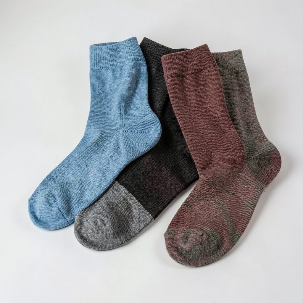 A collection of colourful socks in various patterns — stripes, avocados, and bright solids — arranged together.