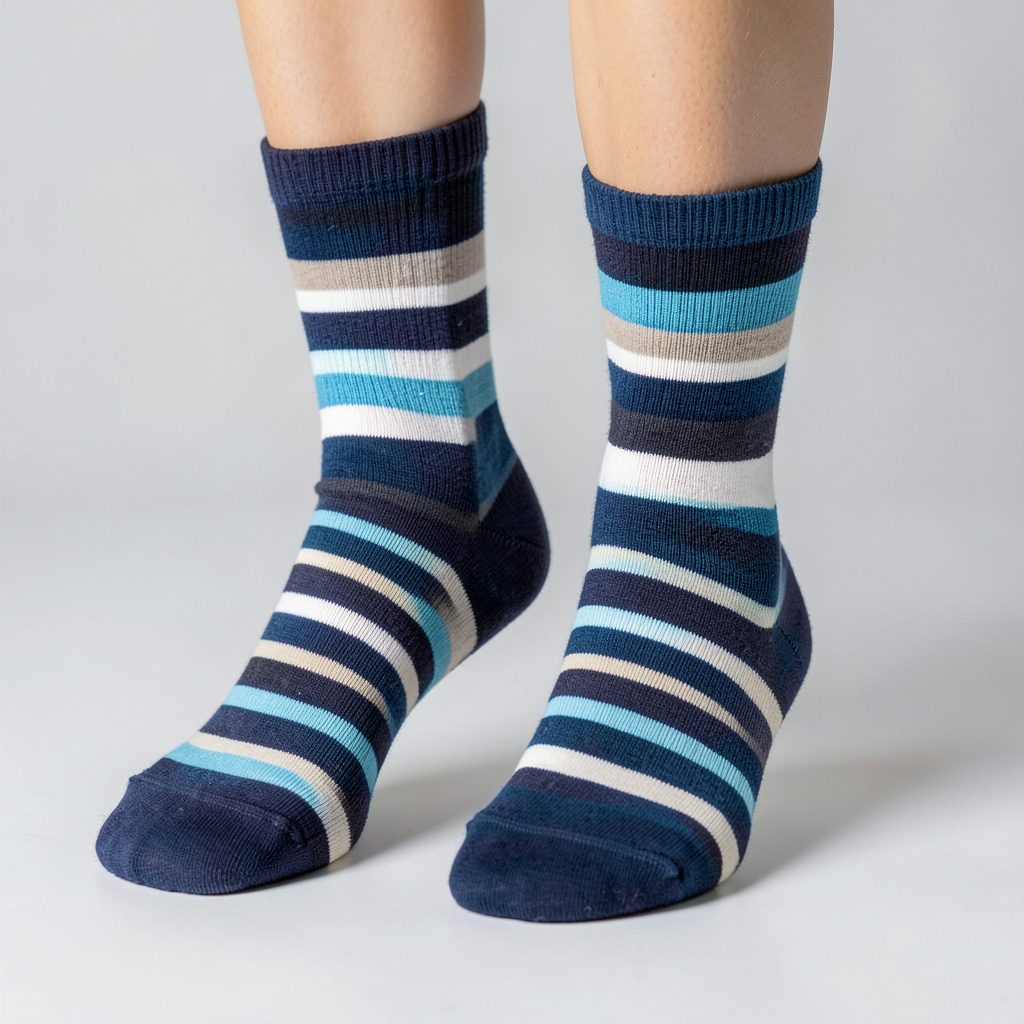 Evenly striped socks in alternating bands of mustard yellow, teal, coral, and cream on a flat surface.