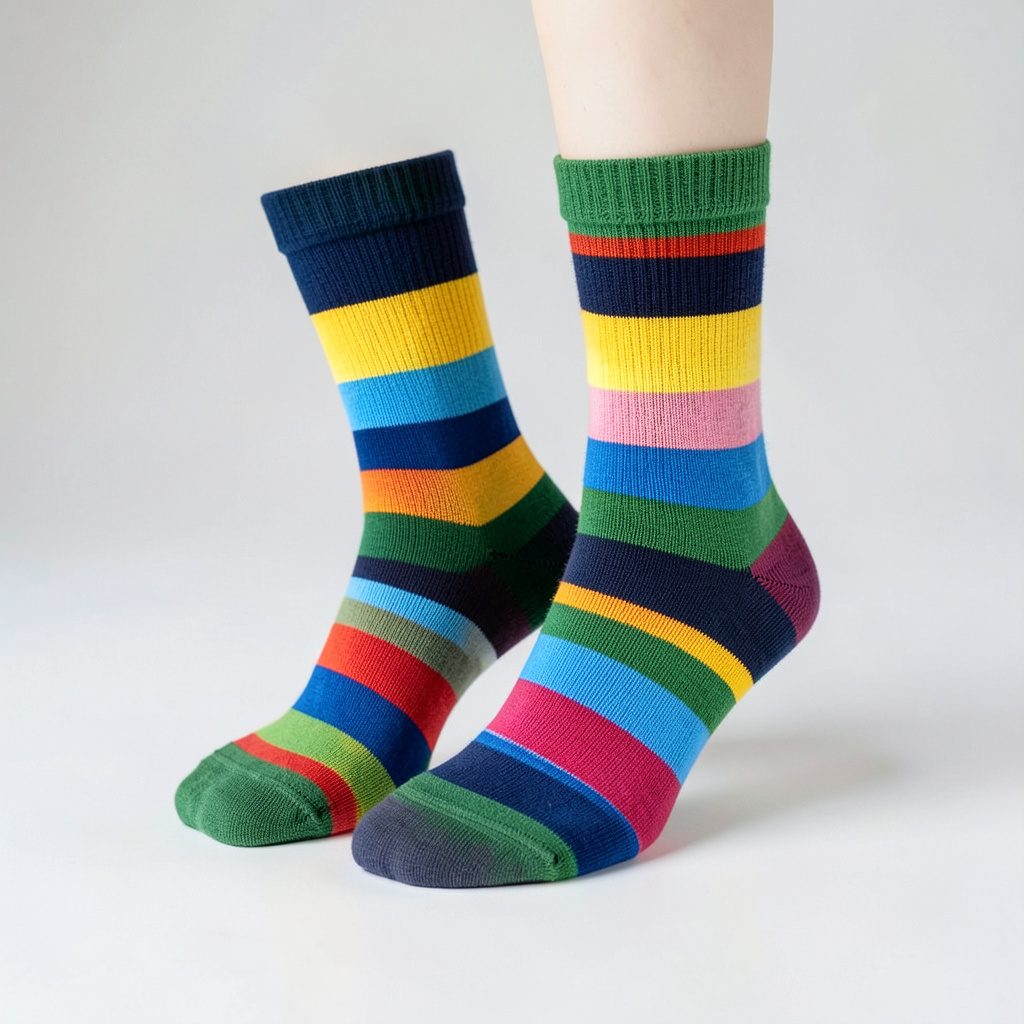 Close-up of a pair of folded multi-coloured striped cotton socks on a light background